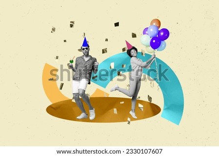 Composite collage image of excited youth people young man female dancing party discotheque hold air balloons have fun celebrate birthday