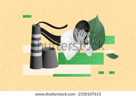 Photo collage picture of depressed young man hands head dissatisfied air pollution planet damage factories isolated on beige background