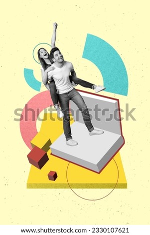 Minimal poster artwork collage 3d picture of carefree cheerful people spending free time reading book isolated on drawing color background
