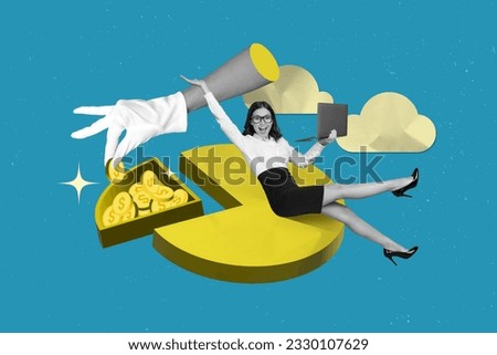Creative drawing collage picture of hand hold formalwear office excited female diagram reach search online work netbook entrepreneur