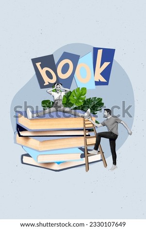 Sketch 3d banner artwork collage advert of surprised people go stairs bookstore low price book discount isolated on painted background