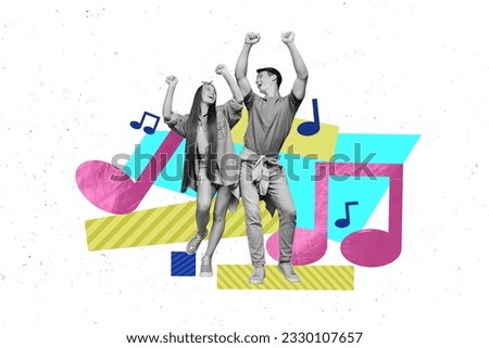 Poster sketch collage 3d image of cheerful happy people enjoy summer vacation dance night club isolated on painted color background Royalty-Free Stock Photo #2330107657