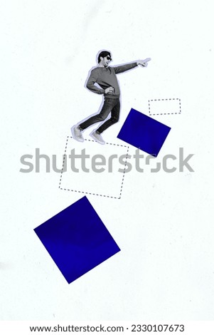 Creative 3d composite picture collage of funny man mocking directing finger collect incomplete cubes isolated on grey color background