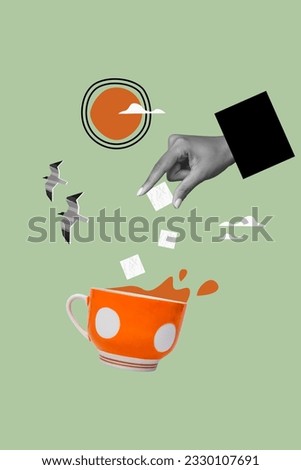 Advert picture image pop collage of woman fingers hold sugar put espresso enjoy tasty yummy beverage isolated on painted green background