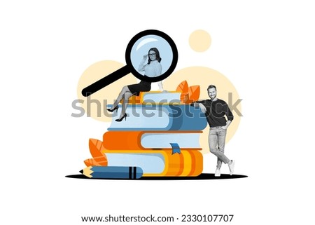 Banner poster 3d image collage sketch of smart clever people exploring detective story encyclopedia large size lupa on painted background