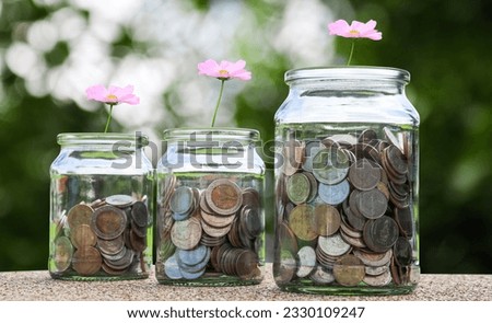 Coins in glass jar and a flower on it with blurred green trees background, concept of money savings      