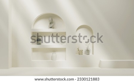 modern minimalistic cozy white home interior background, white wall with shelves and design, wall and floor. sunlight beams from window and shadows. white background with spotlights.