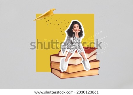 Photo composite collage of young thoughtful student girl sitting pile books materials literature knowledge isolated on grey background