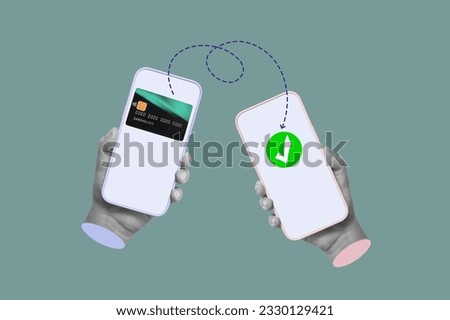 Two hands holding mobile phones transferring funds between accounts isolated on a sage green background. Money transfer using an electronic wallet. 3d trendy collage. Contemporary art. Modern design Royalty-Free Stock Photo #2330129421