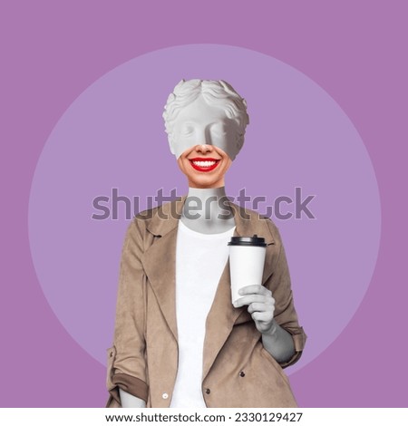 Young business smiling woman headed by antique statue holds a white paper cup pf tea or coffee isolated on color purple background. 3d trendy collage in magazine style. Contemporary art. Modern design