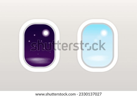 Realistic Detailed 3d Airplane Window. Plane window at night - Separate layers for easy editing. Travel and tourism concept. Night and day in the porthole of the plane. Vector illustration