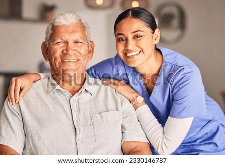 Happy woman, nurse and portrait of senior man with support, medical service and helping patient in retirement. Face of caregiver, elderly person and smile for trust, healthcare and nursing home Royalty-Free Stock Photo #2330146787