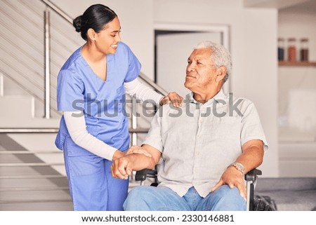 Happy woman, nurse and talking to patient in wheelchair for support, medical service and physical therapy in retirement home. Caregiver helping elderly person with disability, healthcare and nursing Royalty-Free Stock Photo #2330146881