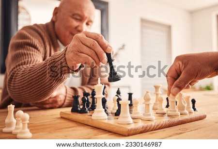 Senior man, home and chess for games, competition and focus with friends, strategy and problem solving. Elderly person, hands and board for contest with mindset, excited smile and moving at table