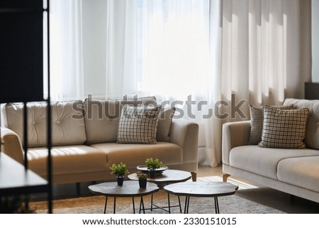 Corner of cozy living room or coworking space with two comfortable couches of delicate color standing in front of group of round tables