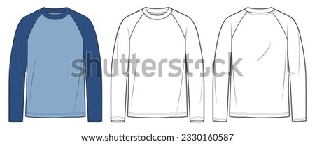 Raglan Sleeve Shirt technical fashion illustration, blue design. Long Sleeve Shirt fashion flat tehnical drawing template, crew neck, front and back view, white, women, men, unisex CAD mockup set.