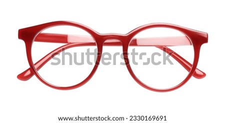 Stylish glasses with red frame isolated on white Royalty-Free Stock Photo #2330169691