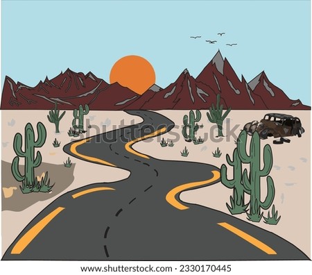 Rocky mountain, long road into desert with cuestas, birds and sunset design for t-shirt, banner, logo, illustration, poster, cover and other artwork.