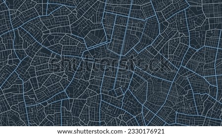 Blue city area, background map, streets. Skyline urban panorama. Cartography illustration. Abstract transportation background, streetmap. Widescreen proportion, digita design streetmap. Vector Royalty-Free Stock Photo #2330176921