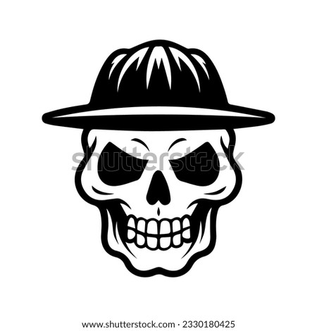 Skull in hat silhouette, isolated on white background. Halloween silhouette black skull logo  - for scary design or decor. Vector illustration, traditional Halloween decorative element. Tattoo design.