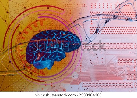 human brain on DNA helix background, deoxyribonucleic acid, nucleic acid molecules, human genome research method, development science, regulation interneuronal contacts, microdamages in DNA neurons Royalty-Free Stock Photo #2330184303