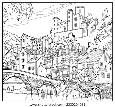 Illustration of old stone bridge in a medieval French town. Fairyland kingdom. Black and white page for kids coloring book. Printable worksheet for drawing and meditation. Ancient architecture. Royalty-Free Stock Photo #2330204083