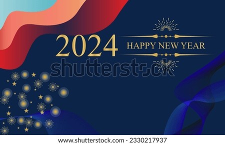 2024 Happy New Year Background Design. Golden 2024 Happy New Year Lettering on Blue Background.
