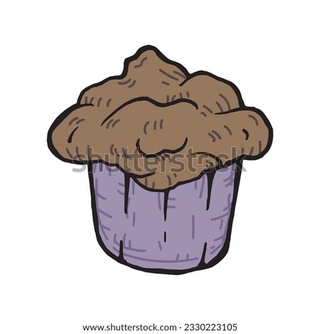 Muffin hand drawn outline color illustration. Sweet bread with cup is sweet and delicious dessert. Yummy pastry product with sugar pen drawing. Food icon hand made cookies in kitchen. Simple tasty art