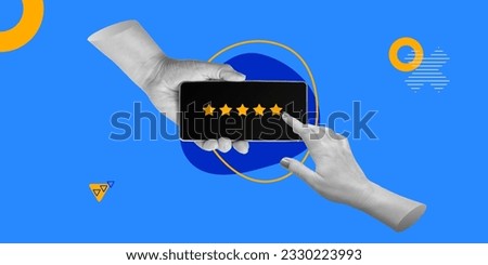 Feedback, quality assessment. The hand selects a five-star rating on the smartphone. Minimalistic art collage Royalty-Free Stock Photo #2330223993