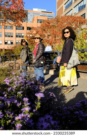 Asian female tourists enjoying the scene of the beautiful fall foliage at the High Line in New York City, USA.