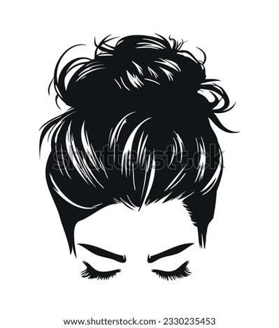 Woman with messy bun hair. Messy bun hairstyle with eyelashes. Simple black silhouette graphic. Cartoon style. Vector illustration on white isolated background.