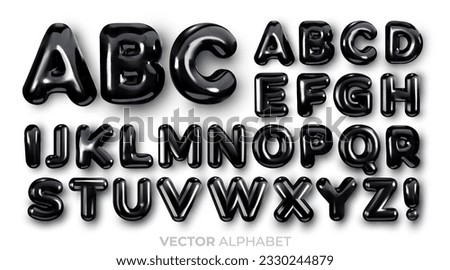 Glossy, black English alphabet. Set of letters from A to Z. Balloons font. Bright 3D, realistic vector illustration