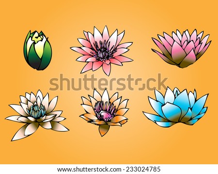 Set background graphics lotus icon,Lotus flowers hand drawn on white background. Traditional Japanese ink painting. Contains hieroglyphs - zen, freedom, nature, beauty