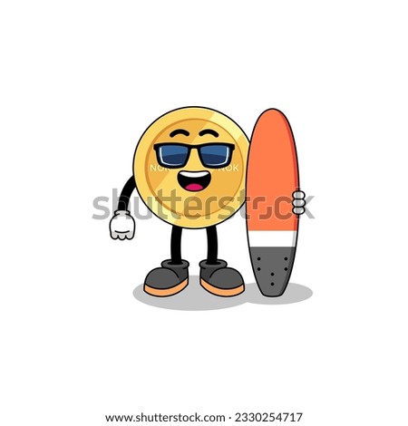 Mascot cartoon of norwegian krone as a surfer , character design