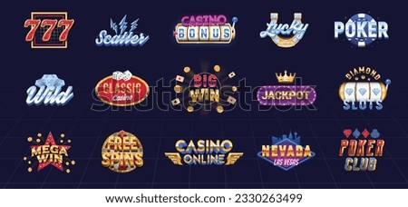 Casino logos, signs set. Retro neon design. Gamble, Casino, Slots signs. 15 logo designs. Vector illustration Royalty-Free Stock Photo #2330263499