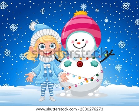Happy girl with snowman and snow background illustration