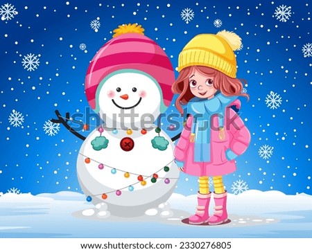 Girl building snowman outdoor illustration