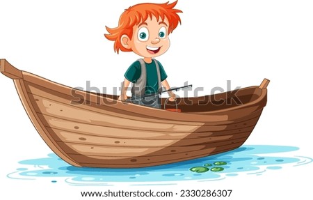 Kid on Wooden Boat in Cartoon Style illustration