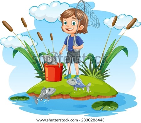 Cartoon Girl Fishing in the Pond illustration
