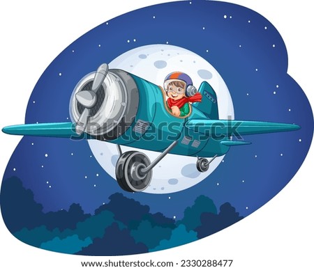 Happy Boy Riding a Plane at Night illustration