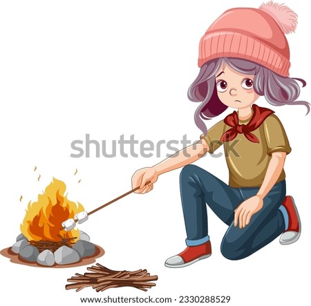 Girl and marshmallow stick camping illustration