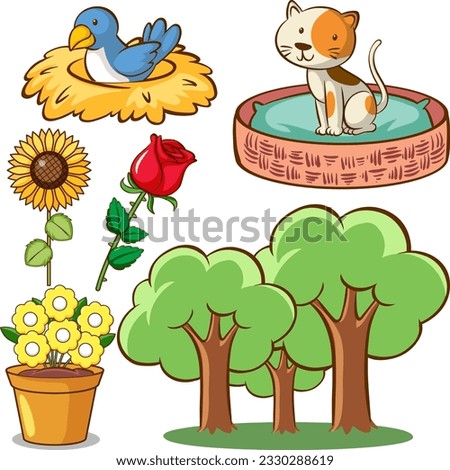 Set of animals and outdoor objects illustration