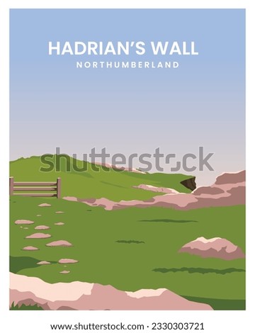 landscape of Hadrian's Wall Northumberland National Park.vector illustration background suitable for travel poster, postcard, card, print.