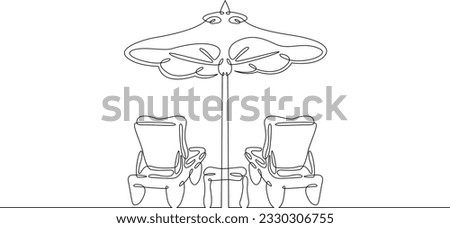 Beach chair. Folding chair on the beach under an umbrella. Rest on the sea. Linear.One continuous line drawn isolated, white background.