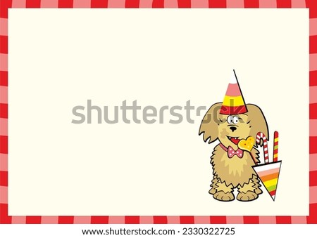 diploma, dog celebration, winner, blank banner for your text, red striped frame, vector illustration