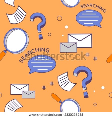 Business search and development of company or organization. Question marks and speech bubbles, magnifying glass and emails. Seamless pattern, background print or wallpaper. Vector in flat style