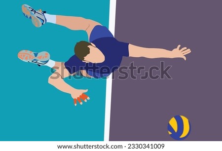 A volleyball athlete serving while jumping is seen from above