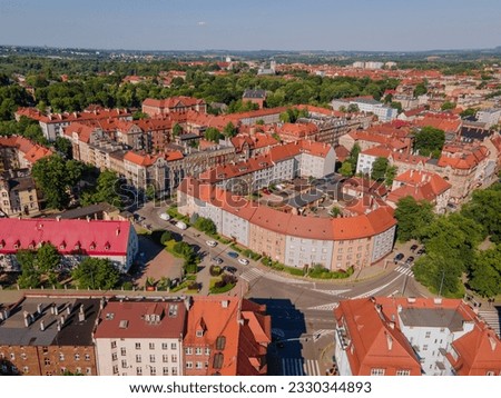 Bytom Silesian Poland 06.05.2023:  Red roof aerial view. Panorama of old city.