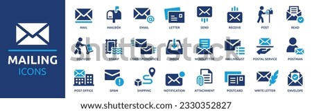 Mailing icon set. Containing mail, email, mailbox, letter, send, receive, post office and envelope icons. Solid icon collection. Vector illustration. Royalty-Free Stock Photo #2330352827