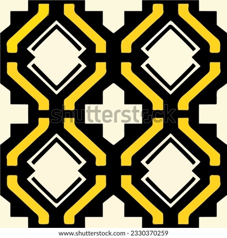 This striking black and yellow pattern on a white background features an art deco and Shipibo influence, creating a captivating and symmetric design.